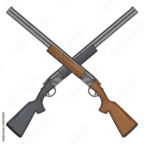 Two crossed shotguns, vector illustration isolated on white background. Hunting gun.