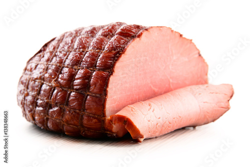 Piece of ham isolated on white background