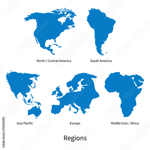 Detailed vector map of North - Central America, Asia Pacific, Europe, South America, Middle and East Africa Regions