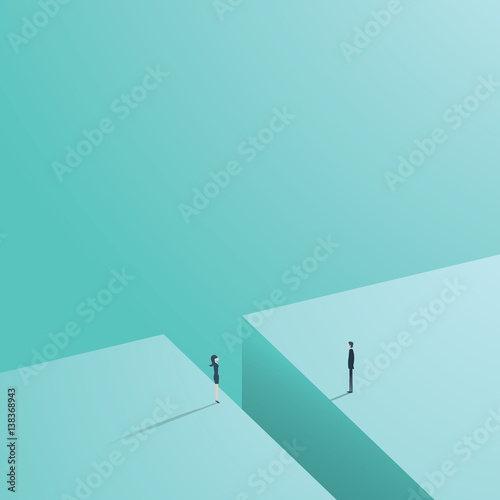 Business gender gap inequality vector concept with businessman and businesswoman standing across gap.