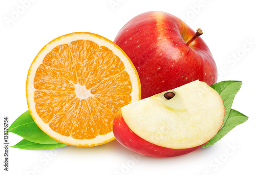 Isolated fruits. Red apple fruit with orange slice (cut) isolated on white with clipping path