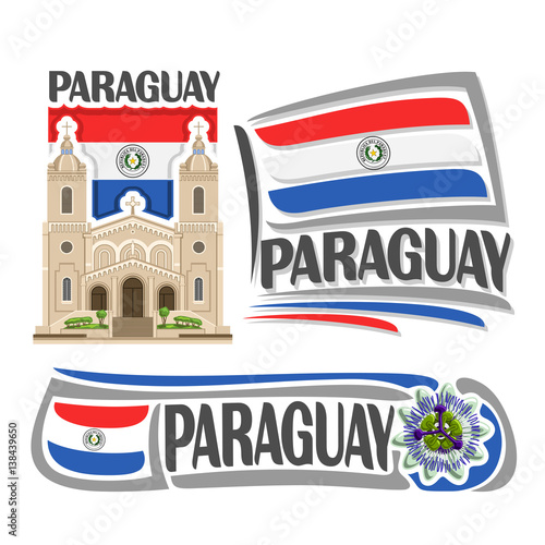 Vector logo Paraguay, 3 isolated images: Catedral Nuestra Senora in Encarnacion on national state Paraguayan Flag, architecture symbol of paraguayan republic, simple flag paraguay near passion flower.