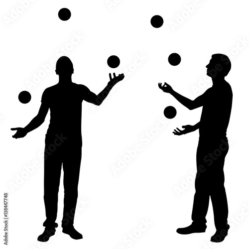 Silhouettes of men juggling balls isolated on white