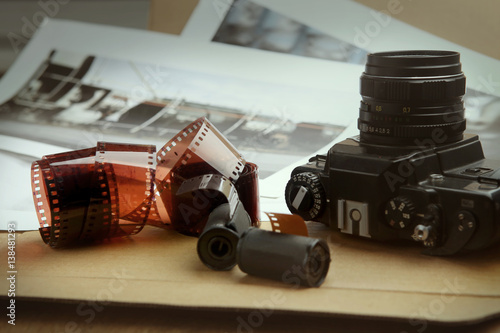 Photographic film rolls, cassettes and camera . Analog film strips Analog photography.