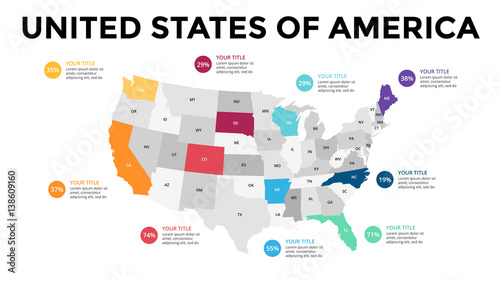 USA map infographic. Slide presentation. United States of America. Global business marketing concept. Color country. World transportation data. Economic statistic template.