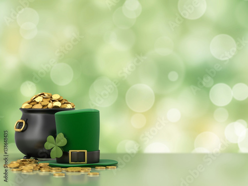 3d render of black pot full of gold coins and leprechaun hat