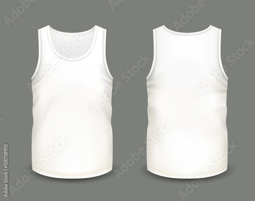 Men's white sleeveless tank in front and back views. Vector illustration with realistic male shirt template. Fully editable handmade mesh. 3d singlet used as mock up for prints or logo design.