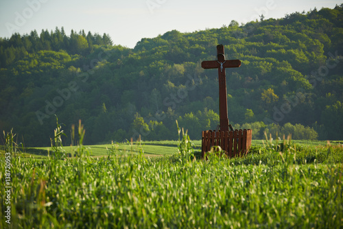 drewniany krzyż na wiosennym polu