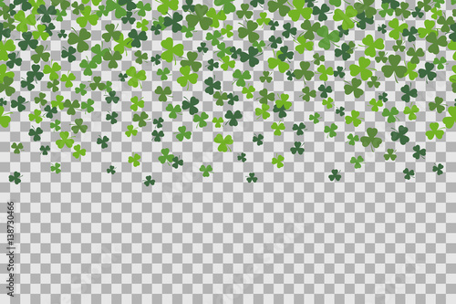 Seamless pattern with clover leafs for St Patricks Day celebration on transparent background.