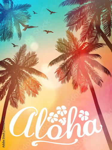 Summer beach illustration Aloha. Inspiration card for wedding, date, birthday, tropical party invitation