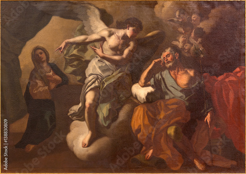 JEROZOLIMA IZRAEL, MARZEC, - 5, 2015: Objawienie anioł St Joseph w wymarzonej farbie w St Ann kościół niewiadomym artystą.