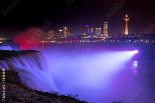 Violet light shining on Niagara Falls 