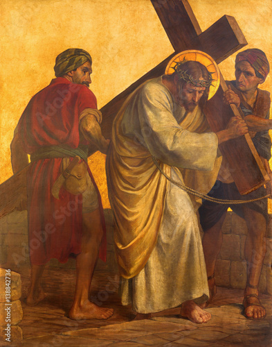 BERLIN, GERMANY, FEBRUARY - 16, 2017: The paint on the metal plate - Simon of Cyrene helps Jesus carry the cross in church St. Matthew by Philipp Schumacher (1907 - 1915).