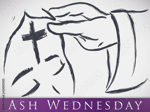 Cross Drawn in the Forehead of Parishioner for Ash Wednesday, Vector Illustration