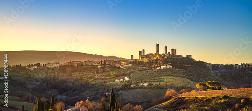 San Gimignano panoramic medieval town towers skyline and landscape. Tuscany, Italy