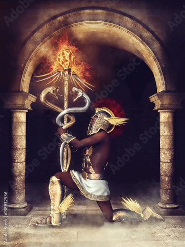 Hermes z płonącym Kaduceuszem klęczący na tle ciemnej bramy