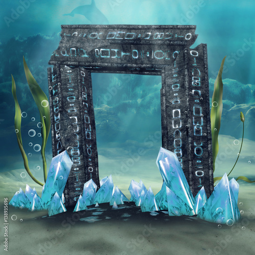 Tajemnicza brama z kryształami na tle podwodnego krajobrazu