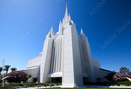 Mormon temple against a clear blue sky