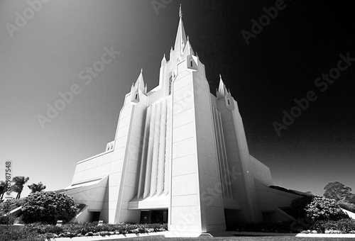 Black and white shot of a mormon temple