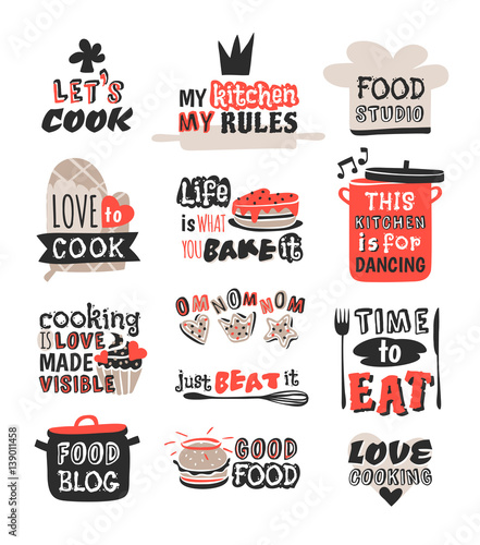 Food logotype restaurant vintage design cooking text phrases badge element label icon and hand drawn stamp retro template vector illustration.