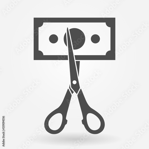 Price or cost cut icon. Discount and sale icon concept. Scissor cutting money bill. Vector illustration