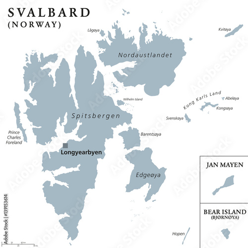 Svalbard, Bear Island and Jan Mayen political map. Norwegian archipelagos and island in the Arctic Ocean. Spitsbergen. Gray illustration with English labeling, isolated on white background. Vector.