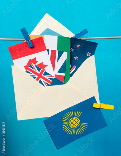 Flag of the Commonwealth of Nations (CIS), envelope with countries flags. Commonwealth Day card