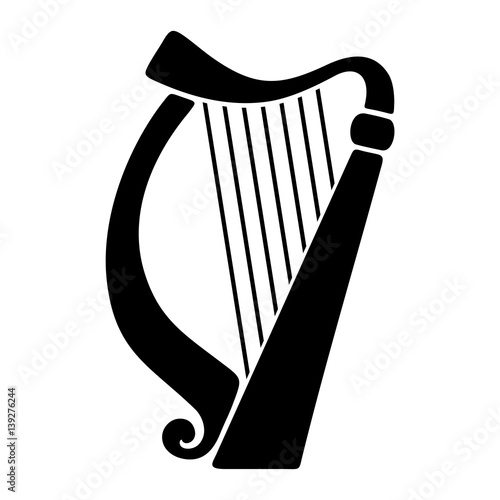 Vector black silhouette of a harp isolated on a white background.