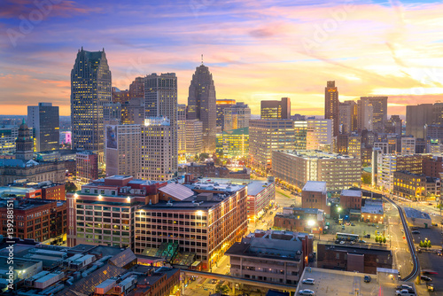 Aerial view of downtown Detroit at twilight