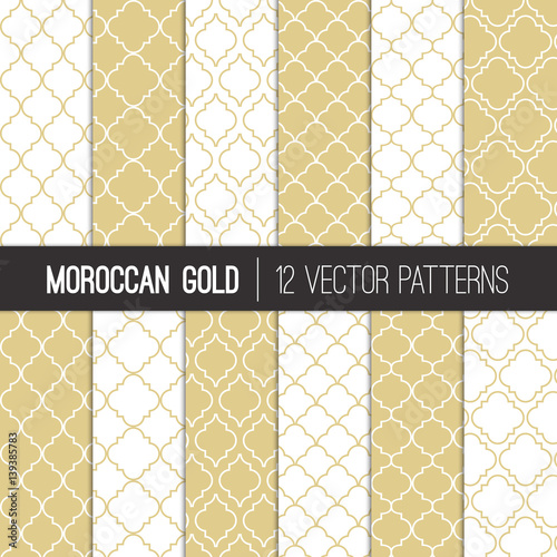 Moroccan Lattice Patterns in Gold Champagne and White. Modern Elegant Neutral Backgrounds. Classic Quatrefoil Trellis Ornament. Vector Pattern Tile Swatches Included.