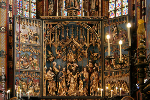 Interior of the St. Mary's Basilica. The largest Gothic altarpiece in the World - The Altarpiece of Veit Stoss (polish Wit Stwosz) in the years 1477-1489......