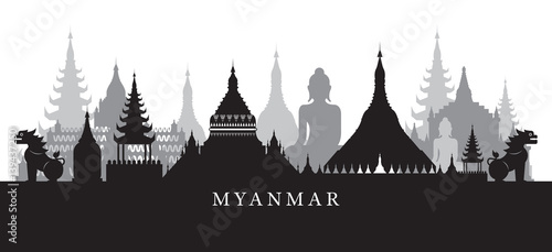Myanmar Landmarks Skyline in Black and White Silhouette, Cityscape, Travel and Tourist Attraction