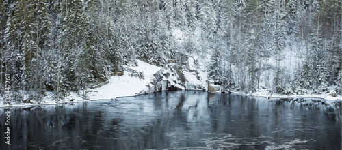black water of river under winter forest