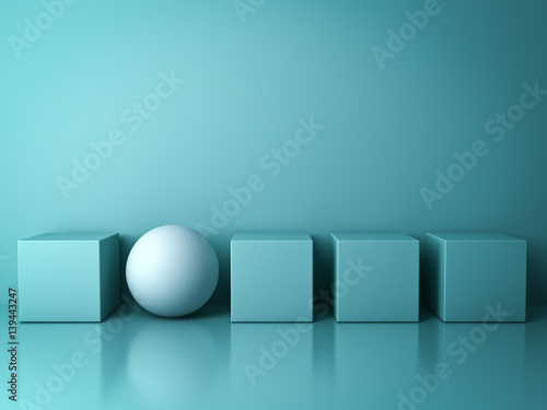 Stand out from the crowd and different creative idea concepts , One white sphere standing among green square boxes on green background in the row with reflections and shadows . 3D rendering.