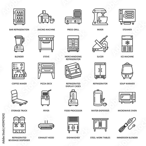 Restaurant professional equipment line icons. Kitchen tools, mixer, blender, fryer, food processor, refrigerator, steamer, microwave oven. Thin linear signs for commercial cooking equipment store.