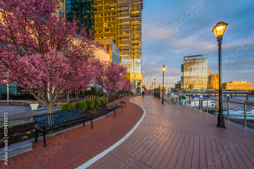 Modern buildings and the Waterfront Promenade in Harbor East, Baltimore, Maryland.