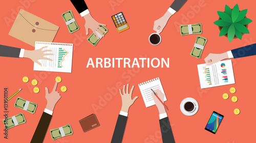 arbitration concept illustration with people discuss in a meeting with paperworks, money, coins and folder document on top of table