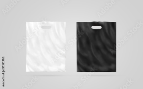 Blank plastic bag mock up set isolated, black and white, 3d illustration. Empty polyethylene package mockup. Consumer pack for logo design or identity presentation. Commercial product food packet