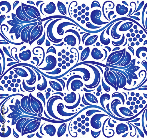 Traditional Russian vector seamless pattern in gzhel style. Can be used for banner, card, poster, invitation, label etc.