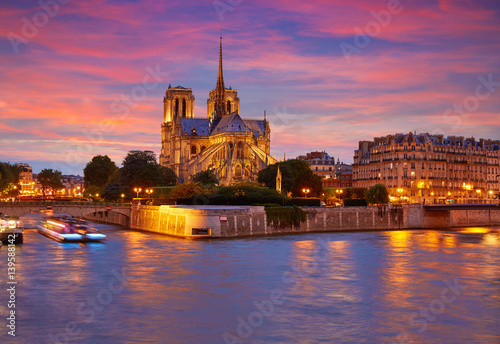 Notre Dame cathedral Paris sunset at Seine