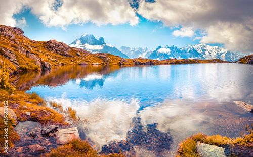 Colorful autumn morning on the Lac Blanc lake with Mont Blanc (Monte Bianco) on background