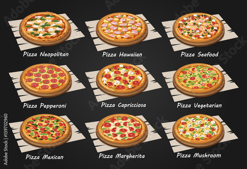 Vector illustration of a Pizza menu including popular pizza varieties, Neapolitan, Italian Supreme, Mexican, Hawaiian, Mushroom, Margherita and Pepperoni Pizza.