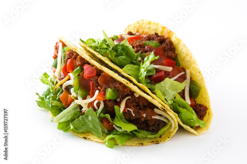 Traditional Mexican tacos with meat and vegetables, isolated on white background 