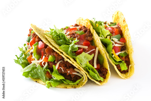 Traditional Mexican tacos with meat and vegetables, isolated on white background 