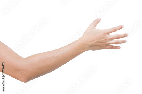 right back hand of a woman trying to reach or grab something. fling, touch sign. Reaching out to the left. isolated on white background