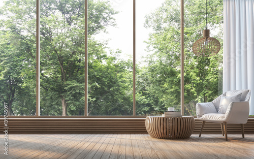 Modern living room with nature view 3d rendering Image. There are decorate room with wood. There are large window overlooking the surrounding nature and forest