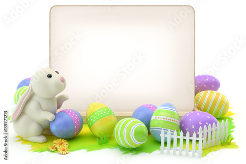 Easter eggs, bunny and blank card