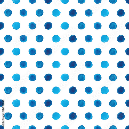 Watercolor blue polka dot seamless pattern