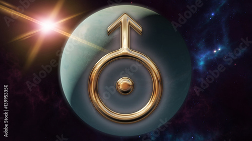 Uranus zodiac horoscope symbol and planet. 3D rendering