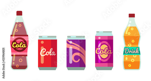Soft drinks in bottles and cans vector illustration set